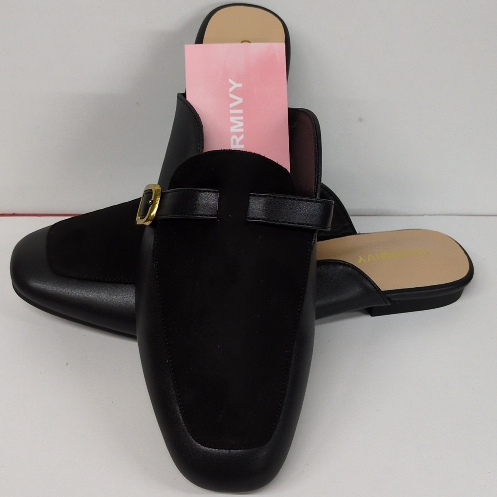 Charmivy Suede Mules Flat Square Toe Slip On Loafer Slides Shoes Buckle Size 10 - Picture 3 of 14